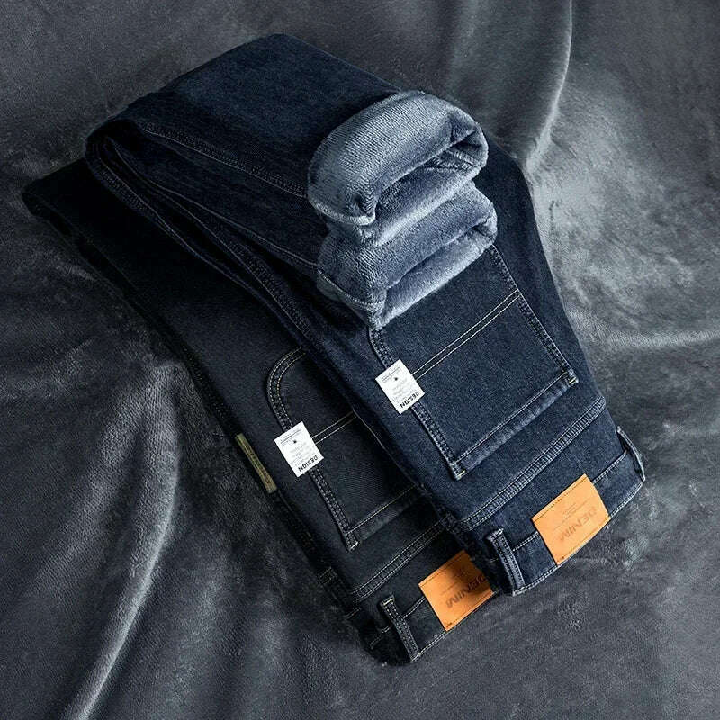 Winter Korean Fashion Brushed Jeans for Men's Thickened Warm Elastic Slim Comfortable Straight Fleece Denim Trousers