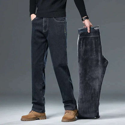 Winter Korean Fashion Brushed Jeans for Men's Thickened Warm Elastic Slim Comfortable Straight Fleece Denim Trousers