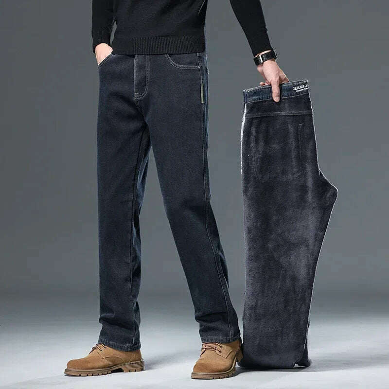 Winter Korean Fashion Brushed Jeans for Men's Thickened Warm Elastic Slim Comfortable Straight Fleece Denim Trousers
