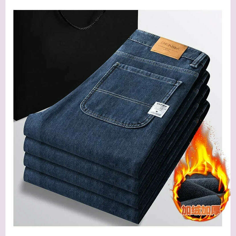 Winter Korean Fashion Brushed Jeans for Men's Thickened Warm Elastic Slim Comfortable Straight Fleece Denim Trousers