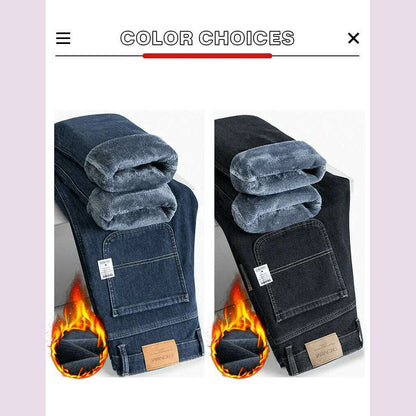 Winter Korean Fashion Brushed Jeans for Men's Thickened Warm Elastic Slim Comfortable Straight Fleece Denim Trousers