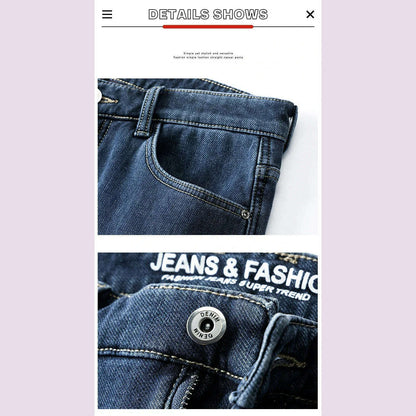 Winter Korean Fashion Brushed Jeans for Men's Thickened Warm Elastic Slim Comfortable Straight Fleece Denim Trousers