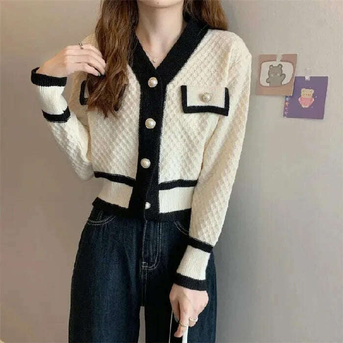 woman sweater cardigan autumn/winter knitting V-neck long lantern sleeve color splicing woman's clothing dropshipping AYX588