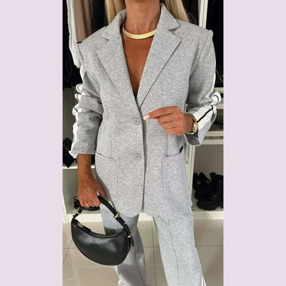 Women 2pcs Clothes Set Stripes Printed Long Sleeve Blazer Jacket & High Waist Long Pants Office Lady
