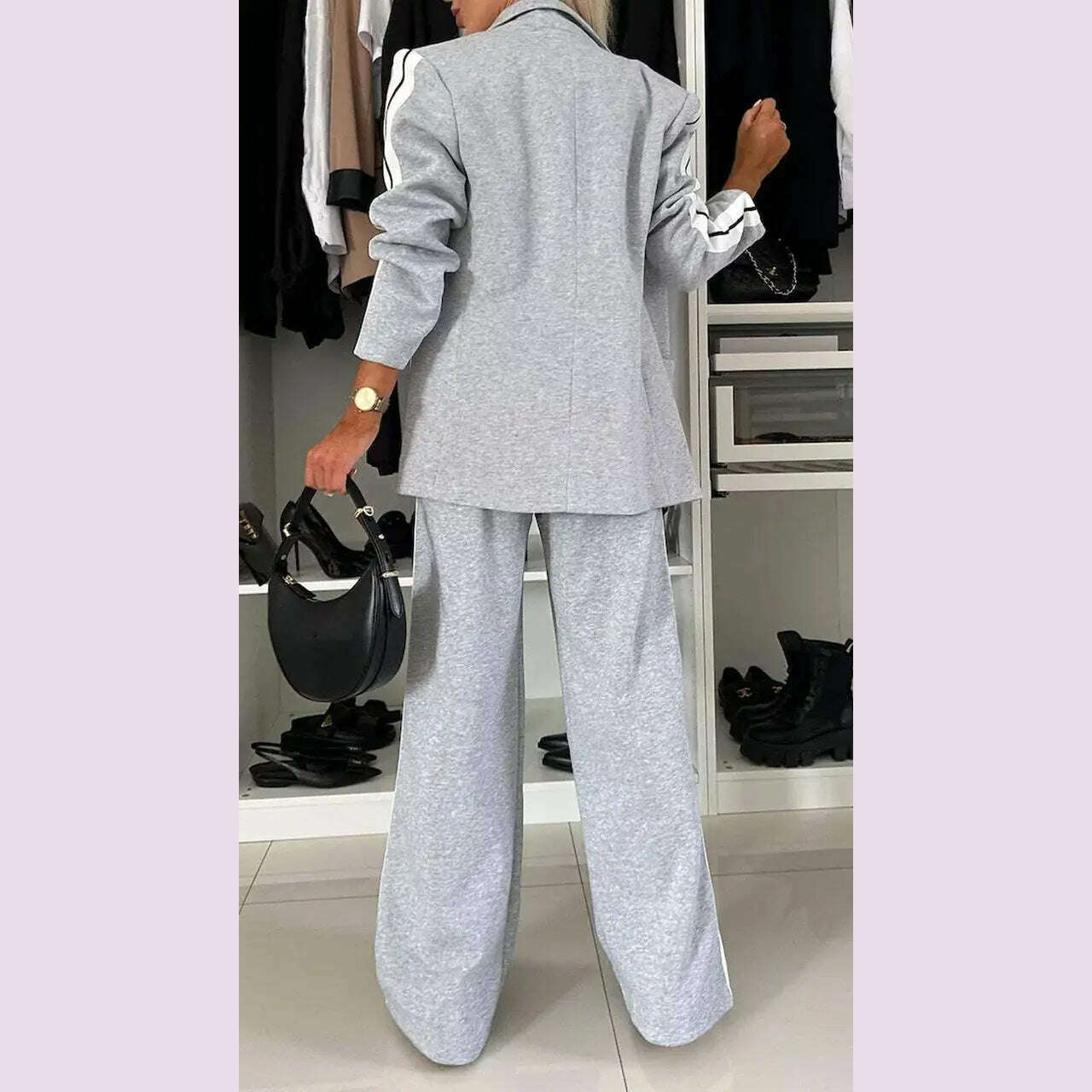 Women 2pcs Clothes Set Stripes Printed Long Sleeve Blazer Jacket & High Waist Long Pants Office Lady