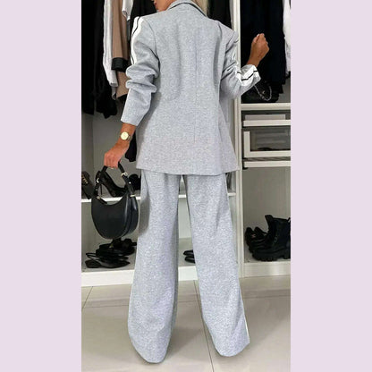 Women 2pcs Clothes Set Stripes Printed Long Sleeve Blazer Jacket & High Waist Long Pants Office Lady