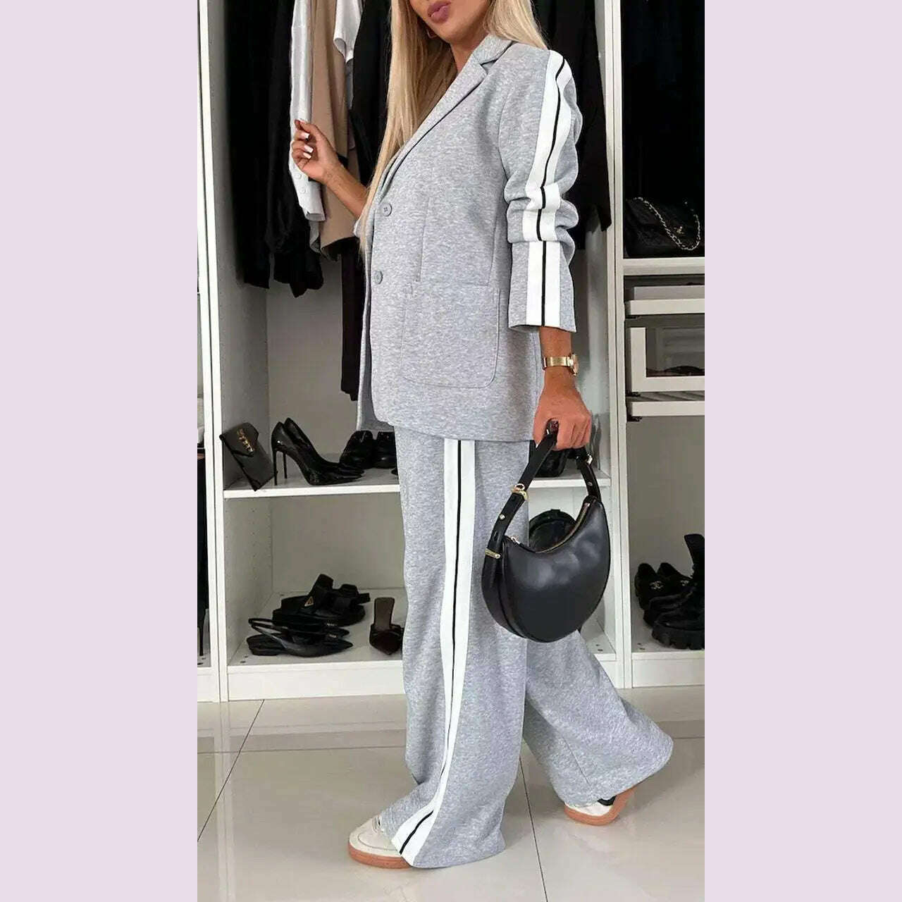Women 2pcs Clothes Set Stripes Printed Long Sleeve Blazer Jacket & High Waist Long Pants Office Lady