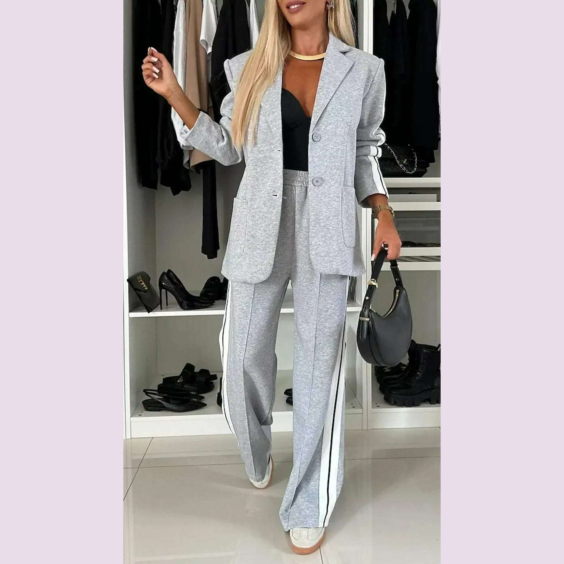 Women 2pcs Clothes Set Stripes Printed Long Sleeve Blazer Jacket & High Waist Long Pants Office Lady