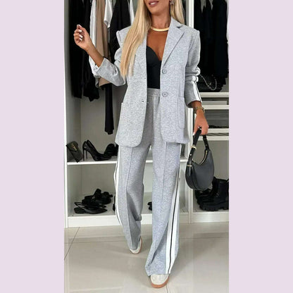 Women 2pcs Clothes Set Stripes Printed Long Sleeve Blazer Jacket & High Waist Long Pants Office Lady