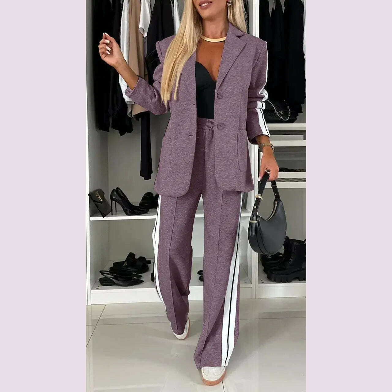 Women 2pcs Clothes Set Stripes Printed Long Sleeve Blazer Jacket & High Waist Long Pants Office Lady