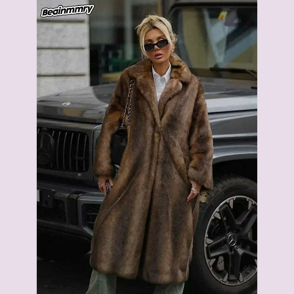 Women Brown Winter Faux Fur Oversized Coat Fashion Loosen Lapel Fluffy Thicken Warm Overcoat 2024 Female High Street Outerwear