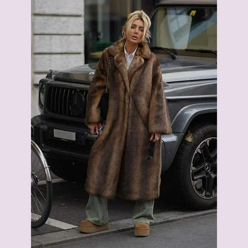 Women Brown Winter Faux Fur Oversized Coat Fashion Loosen Lapel Fluffy Thicken Warm Overcoat 2024 Female High Street Outerwear