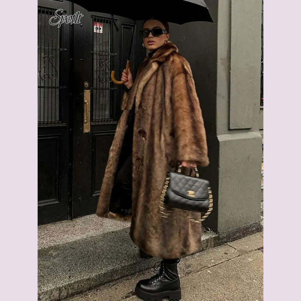 Women Brown Winter Faux Fur Oversized Coat Fashion Loosen Lapel Fluffy Thicken Warm Overcoat 2024 Female High Street Outerwear