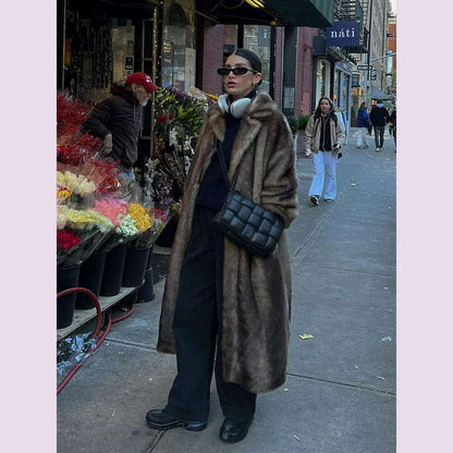 Women Brown Winter Faux Fur Oversized Coat Fashion Loosen Lapel Fluffy Thicken Warm Overcoat 2024 Female High Street Outerwear