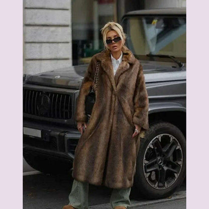 Women Brown Winter Faux Fur Oversized Coat Fashion Loosen Lapel Fluffy Thicken Warm Overcoat 2024 Female High Street Outerwear