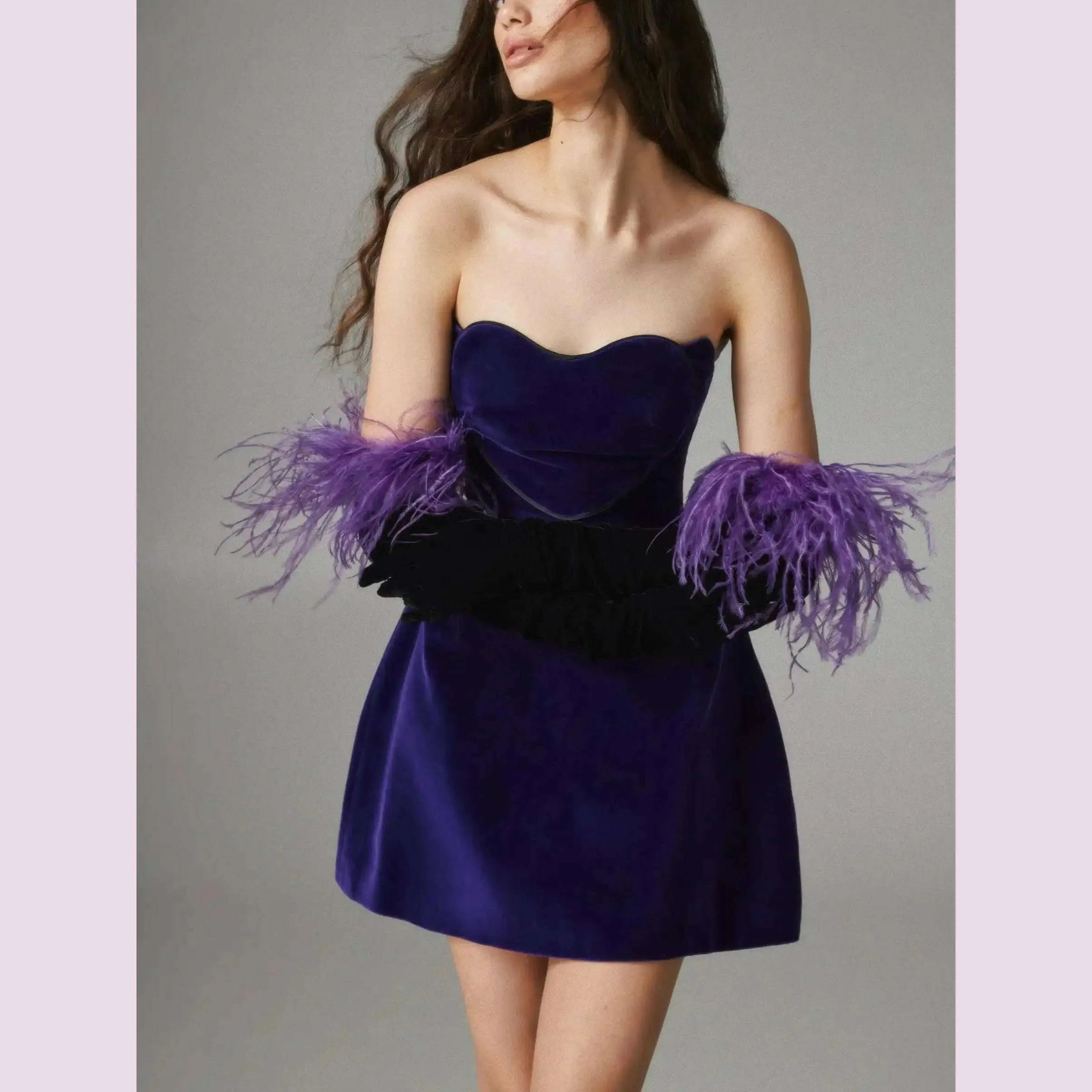 Women Celebrity New Sexy Strapless Purple Velvet Gowns Dress Elegant Mini Evening Party Club Dress