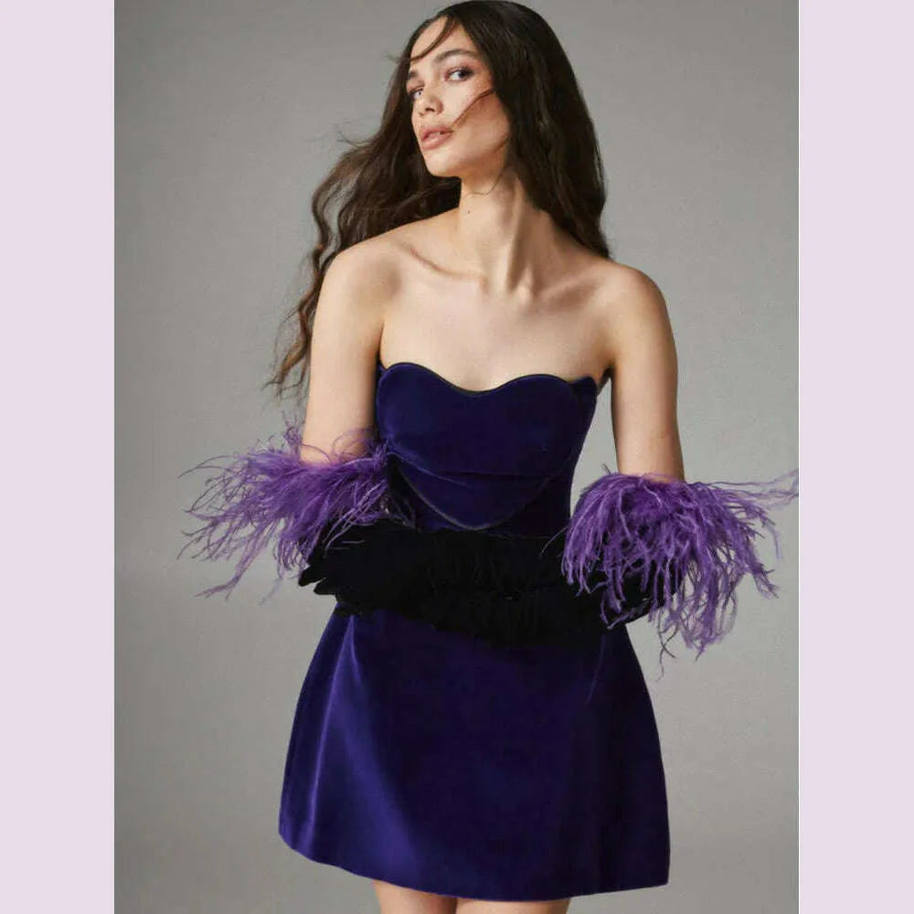 Women Celebrity Sexy Strapaless Backless Velvet Purple Heart Mini Bodycon A Line Dress 2024 Elegant Evening Club Party Outfit