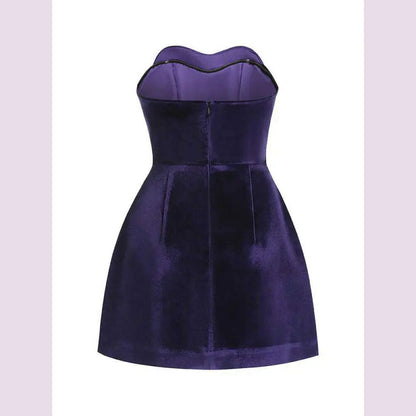Women Celebrity Sexy Strapaless Backless Velvet Purple Heart Mini Bodycon A Line Dress 2024 Elegant Evening Club Party Outfit