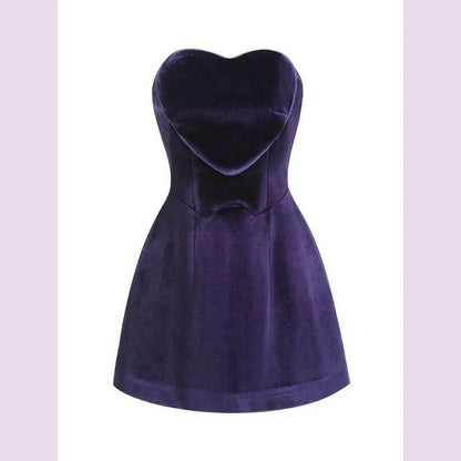 Women Celebrity Sexy Strapaless Backless Velvet Purple Heart Mini Bodycon A Line Dress 2024 Elegant Evening Club Party Outfit