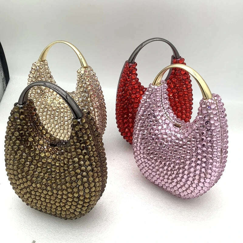 Women Crystals Top Handle Evening Handbags Pink/Red Lady Diamonds Minaudiere Gold/Brown Wedding Clutch Bags Gems Handbag Purse