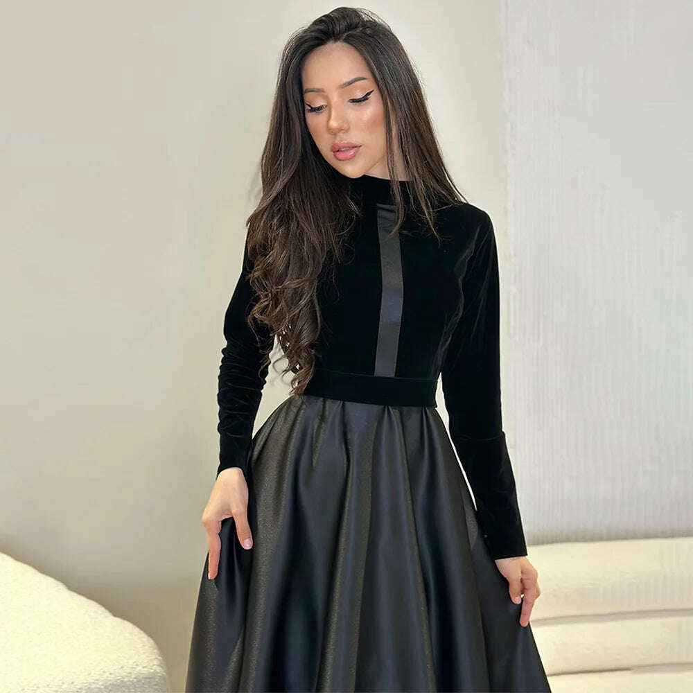 Women Dress Canary Slim Waist Black Round Neck Long Sleeve Dress Vintage Commuter Robe Office Ladies Dress Vestidos