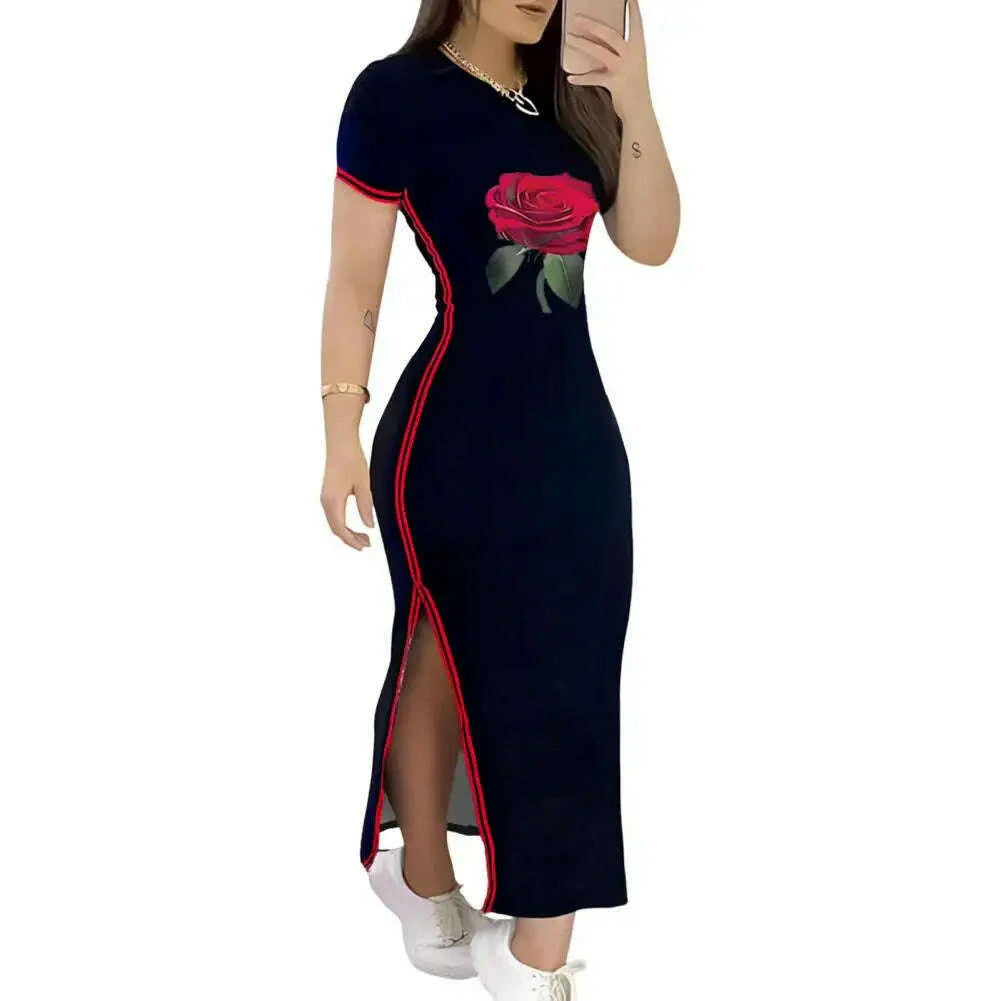 Women Dress Side Slit Slim Fit Short Sleeves Dress Ankle Length Daily Wear Leisure Maxi Dress