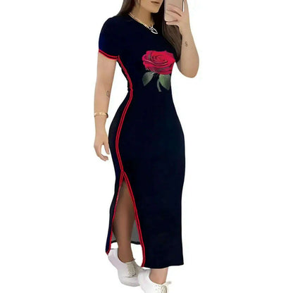 Women Dress Side Slit Slim Fit Short Sleeves Dress Ankle Length Daily Wear Leisure Maxi Dress