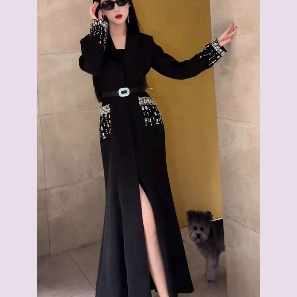 Women Elegant Ankle Length Long Diamonds Dress Lady Single Breasted Belted Slim Waist Split Shiny Crystal Party Mermaid Dresses