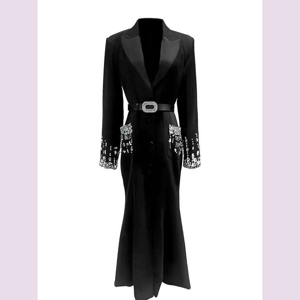 Women Elegant Ankle Length Long Diamonds Dress Lady Single Breasted Belted Slim Waist Split Shiny Crystal Party Mermaid Dresses