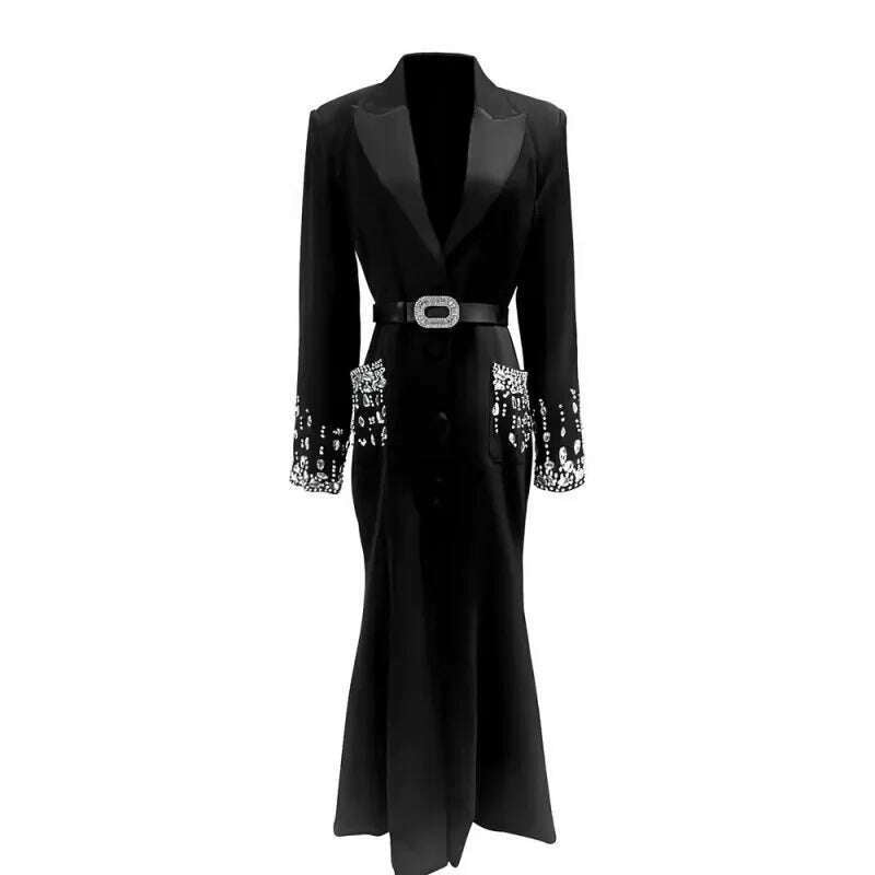 Women Elegant Ankle Length Long Diamonds Dress Lady Single Breasted Belted Slim Waist Split Shiny Crystal Party Mermaid Dresses