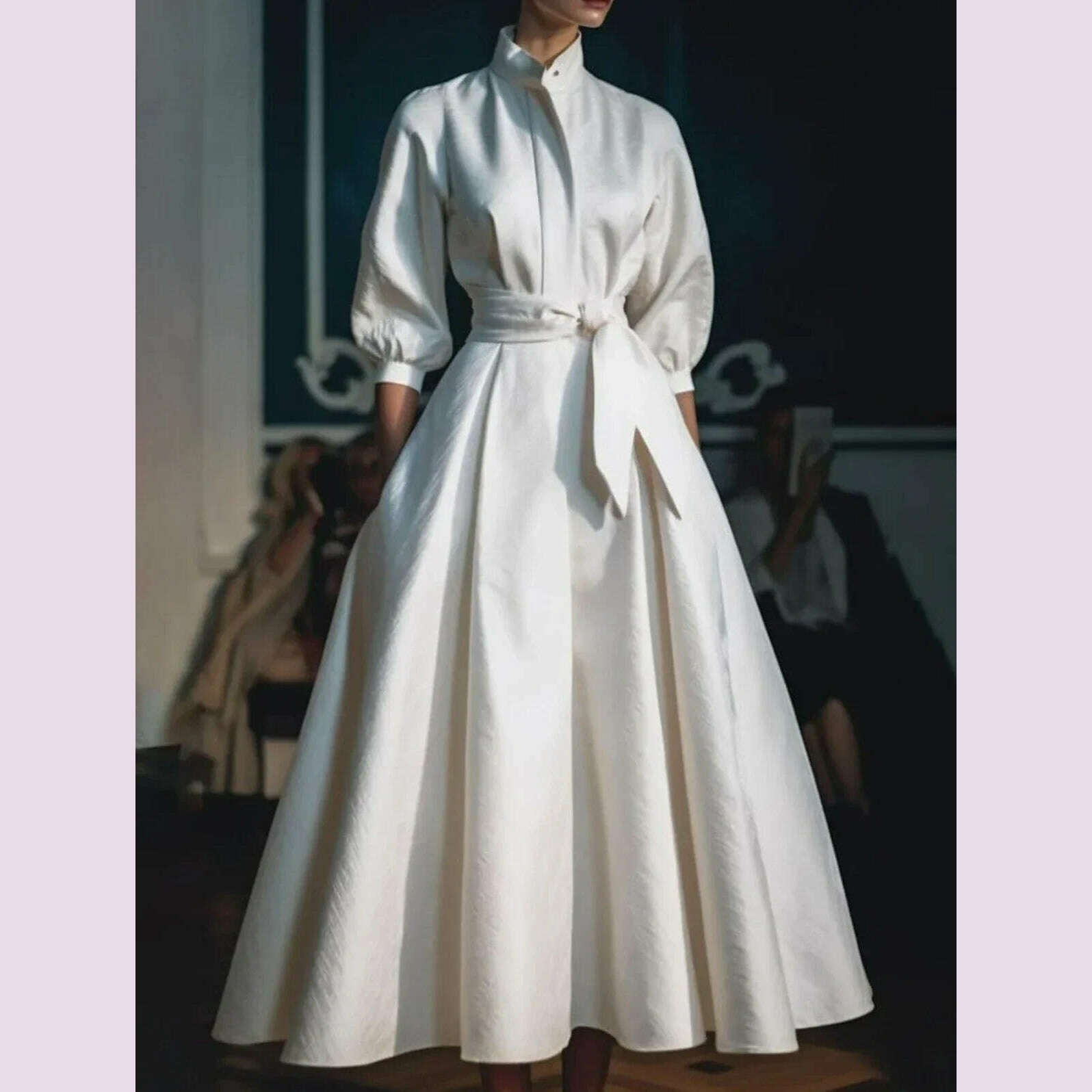 Women Elegant Shirt Dress Long Sleeve Stand Collar White Minimalist A-Line Pleated Wedding Guest Long Dresses with Blet 2024