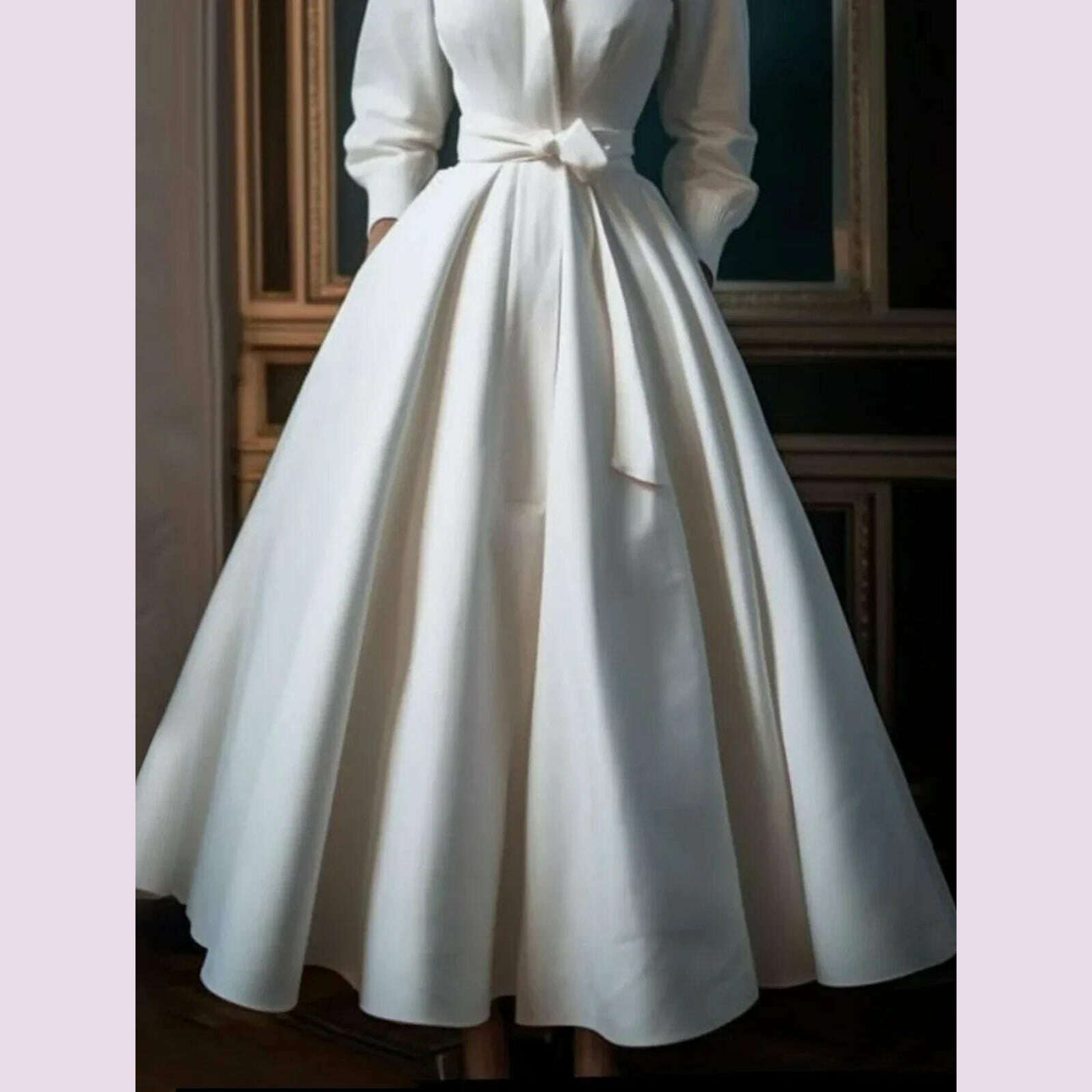 Women Elegant Shirt Dress Long Sleeve Stand Collar White Minimalist A-Line Pleated Wedding Guest Long Dresses with Blet 2024
