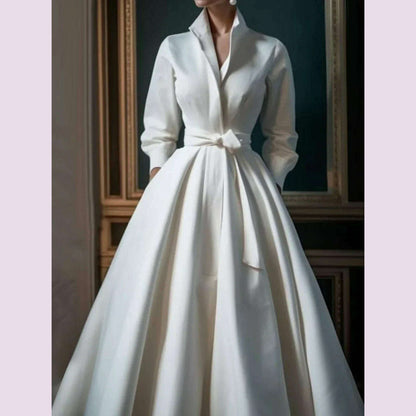 Women Elegant Shirt Dress Long Sleeve Stand Collar White Minimalist A-Line Pleated Wedding Guest Long Dresses with Blet 2024