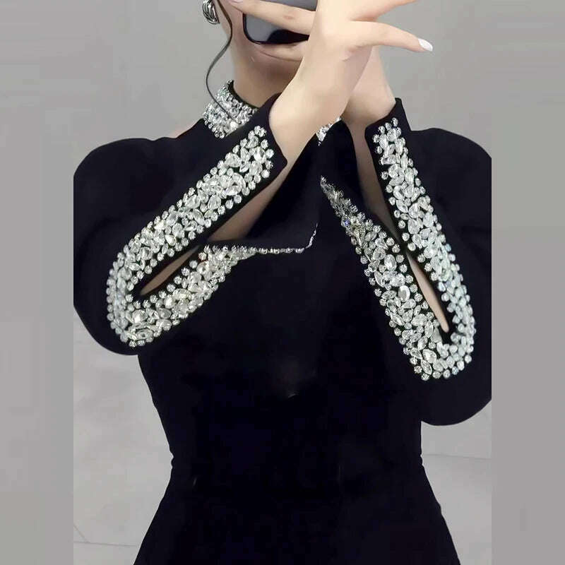 Women Elegant Solid High Slit Party Dress Temperament Long Sleeve Slim Evening Gala Dress Turtleneck Rhinestone Banquet Dresses