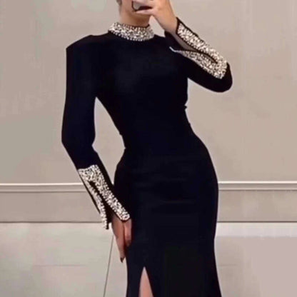 Women Elegant Solid High Slit Party Dress Temperament Long Sleeve Slim Evening Gala Dress Turtleneck Rhinestone Banquet Dresses