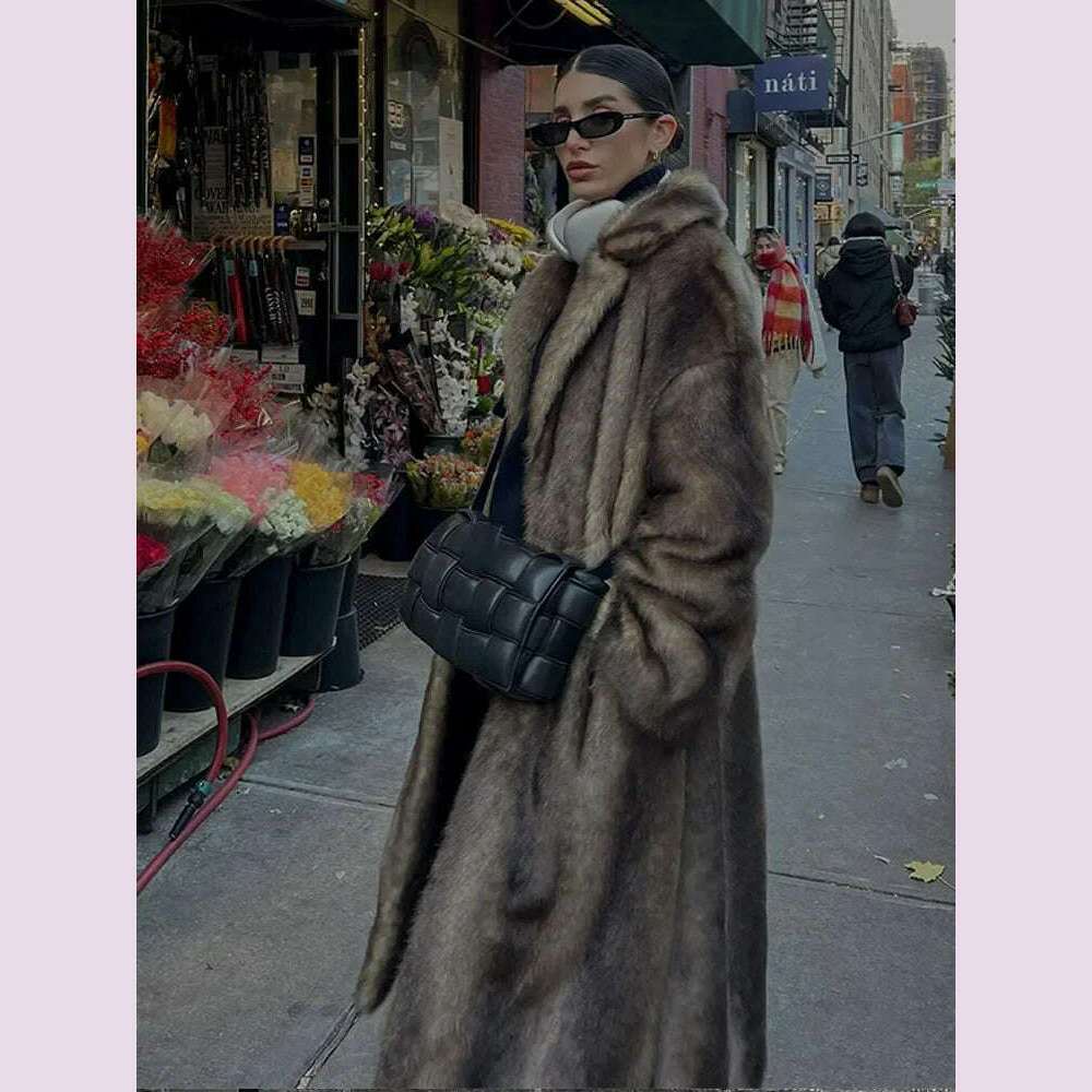Women Fashion Lapel Gradient Mixed Fur Jacket Chic Long Sleeve Pocket Warm Maxi Coat 2024 Autumn Winter Lady Highstreet Outwear
