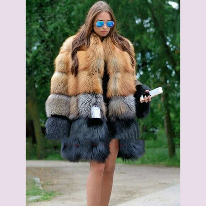 Women Long Faux Fur Coat Winter Fashion Large Size Thick Warm Fur Jacket Yellow and Black Contrast Stitching Cardigan Cloth