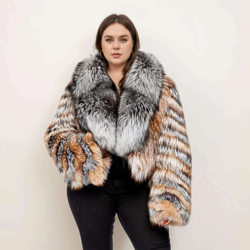 Women Luxury Real Natural Red Fox Fur Coat Fashion Silver Fox Lapel Genuine Fur Overcoat Winter Warm Real Fur Thick Outwear