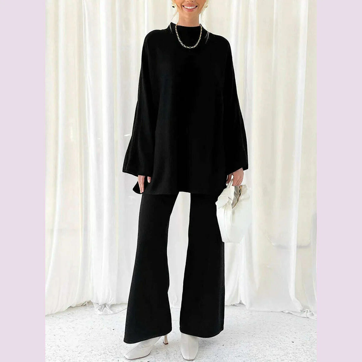 Women Pants Suit Elegant Long Sleeve Semi-high Collar Sweater with Wide Leg Pants Fall Outfit