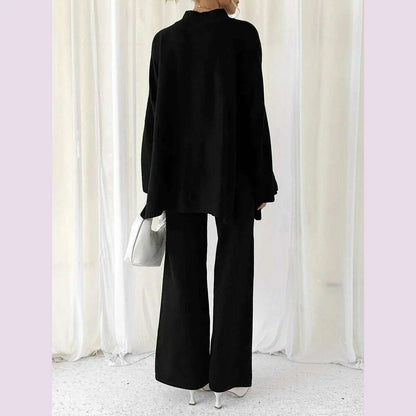 Women Pants Suit Elegant Long Sleeve Semi-high Collar Sweater with Wide Leg Pants Fall Outfit