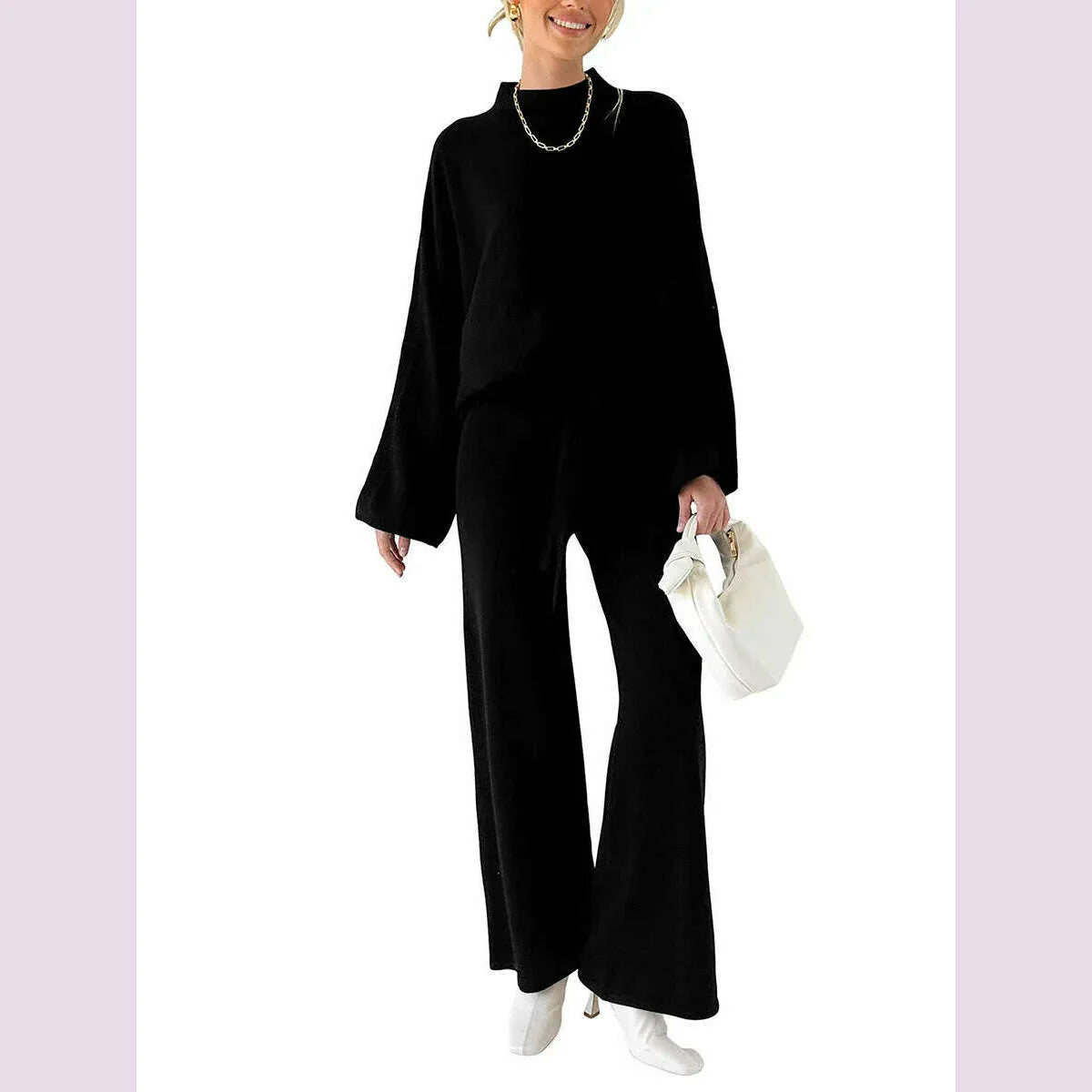 Women Pants Suit Elegant Long Sleeve Semi-high Collar Sweater with Wide Leg Pants Fall Outfit