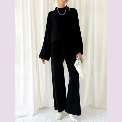 Women Pants Suit Elegant Long Sleeve Semi-high Collar Sweater with Wide Leg Pants Fall Outfit