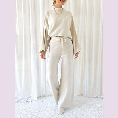 Women Pants Suit Elegant Long Sleeve Semi-high Collar Sweater with Wide Leg Pants Fall Outfit