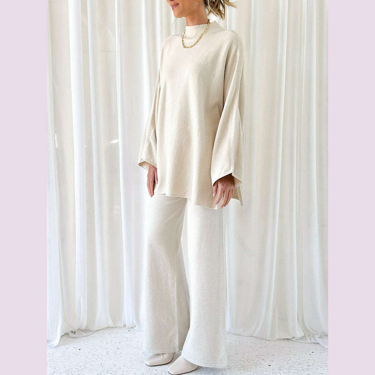 Women Pants Suit Elegant Long Sleeve Semi-high Collar Sweater with Wide Leg Pants Fall Outfit
