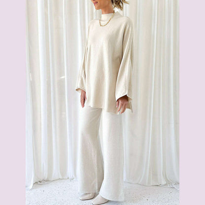 Women Pants Suit Elegant Long Sleeve Semi-high Collar Sweater with Wide Leg Pants Fall Outfit