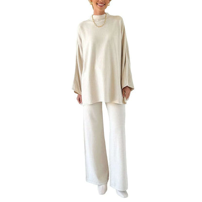 Women Pants Suit Elegant Long Sleeve Semi-high Collar Sweater with Wide Leg Pants Fall Outfit