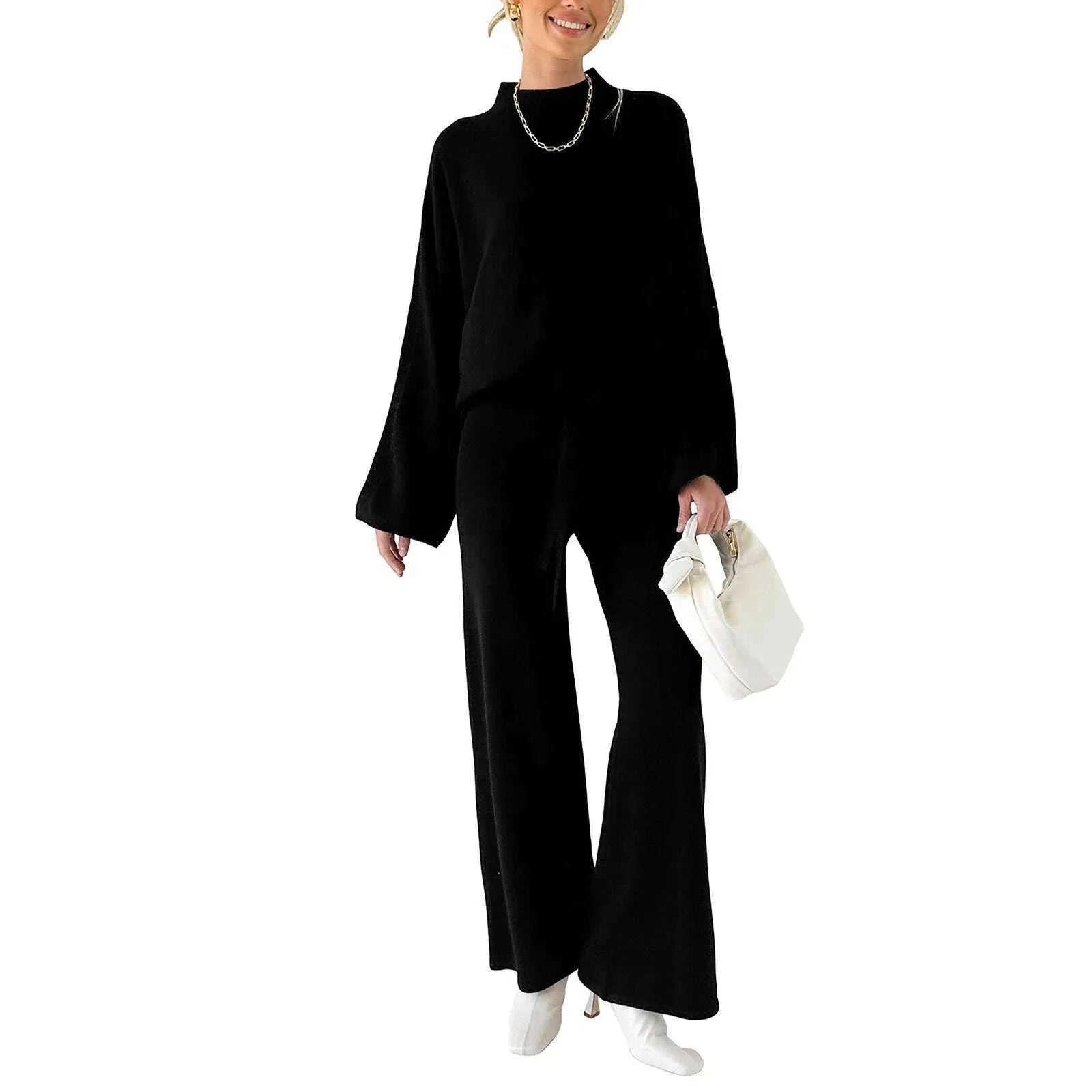 Women Pants Suit Elegant Long Sleeve Semi-high Collar Sweater with Wide Leg Pants Fall Outfit