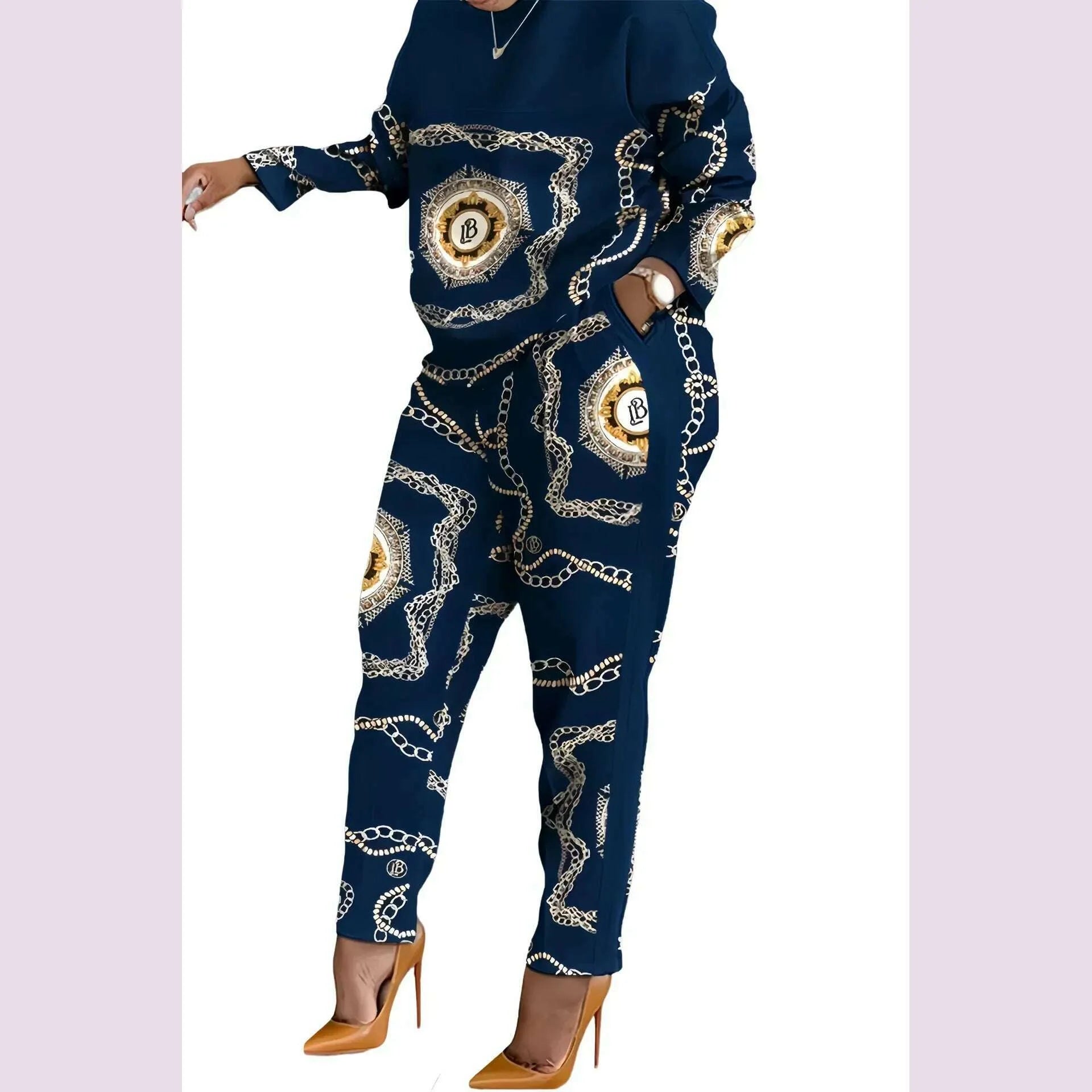 Women Print Two Piece Pant Sets Full Sleeve T Shirts Round Neck Splice Shirt High Waist Trousers Suits Autumn Office Lady