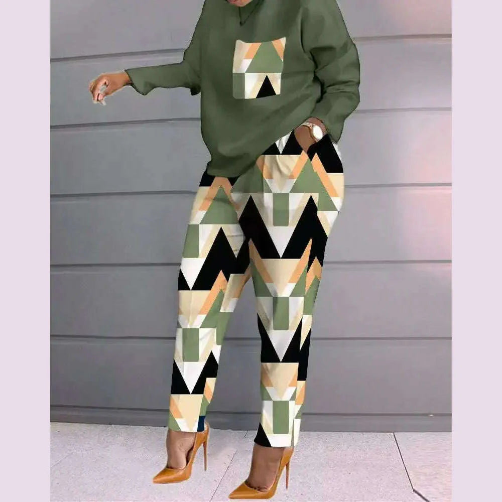 Women Print Two Piece Pant Sets Full Sleeve T Shirts Round Neck Splice Shirt High Waist Trousers Suits Autumn Office Lady