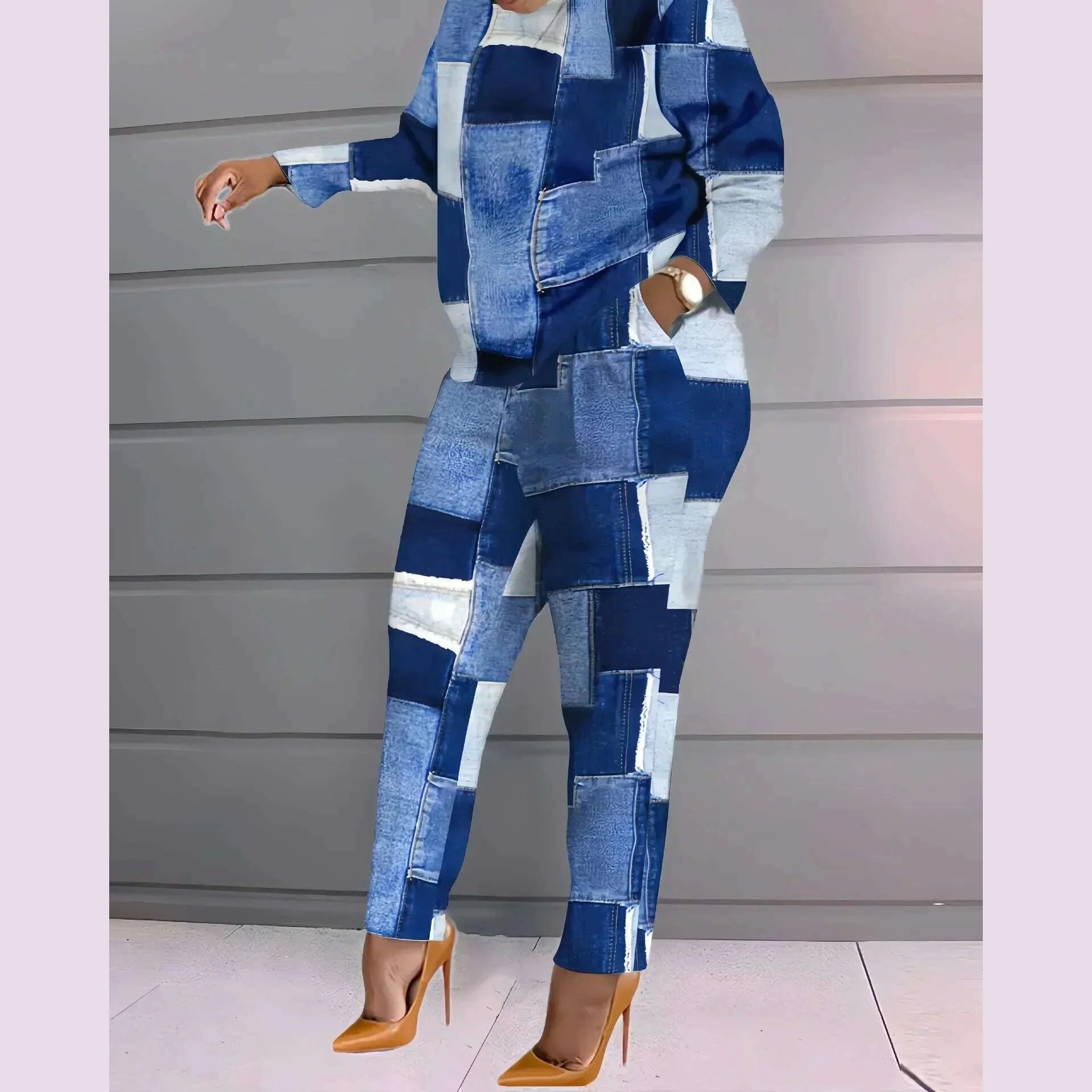 Women Print Two Piece Pant Sets Full Sleeve T Shirts Round Neck Splice Shirt High Waist Trousers Suits Autumn Office Lady